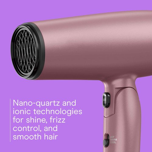 Conair Hair Dryer with Diffuser and Folding Handle, 1875W Travel Blow Dryer with Concentrator, Radiance Boost with Nano-Quartz Ceramic for Less Frizz, More Shine, and Silky Hair, Dusty Rose