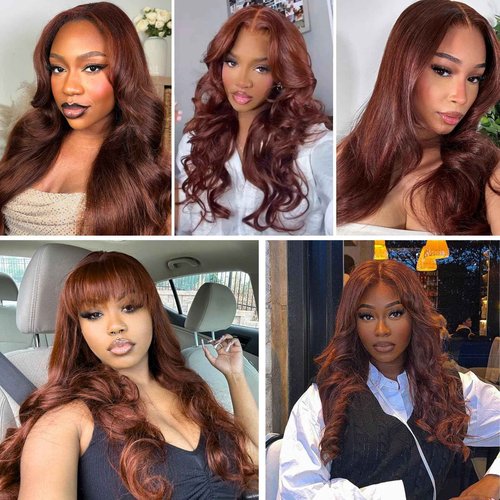 ALHER #33 Reddish Brown Body Wave 13x4 Lace Frontal Human Hair 22 Inch, Copper Brown Auburn Colored HD Transparent Lace Frontal Closure Ear to Ear 100% Virgin Remy Human Hair 150% Density