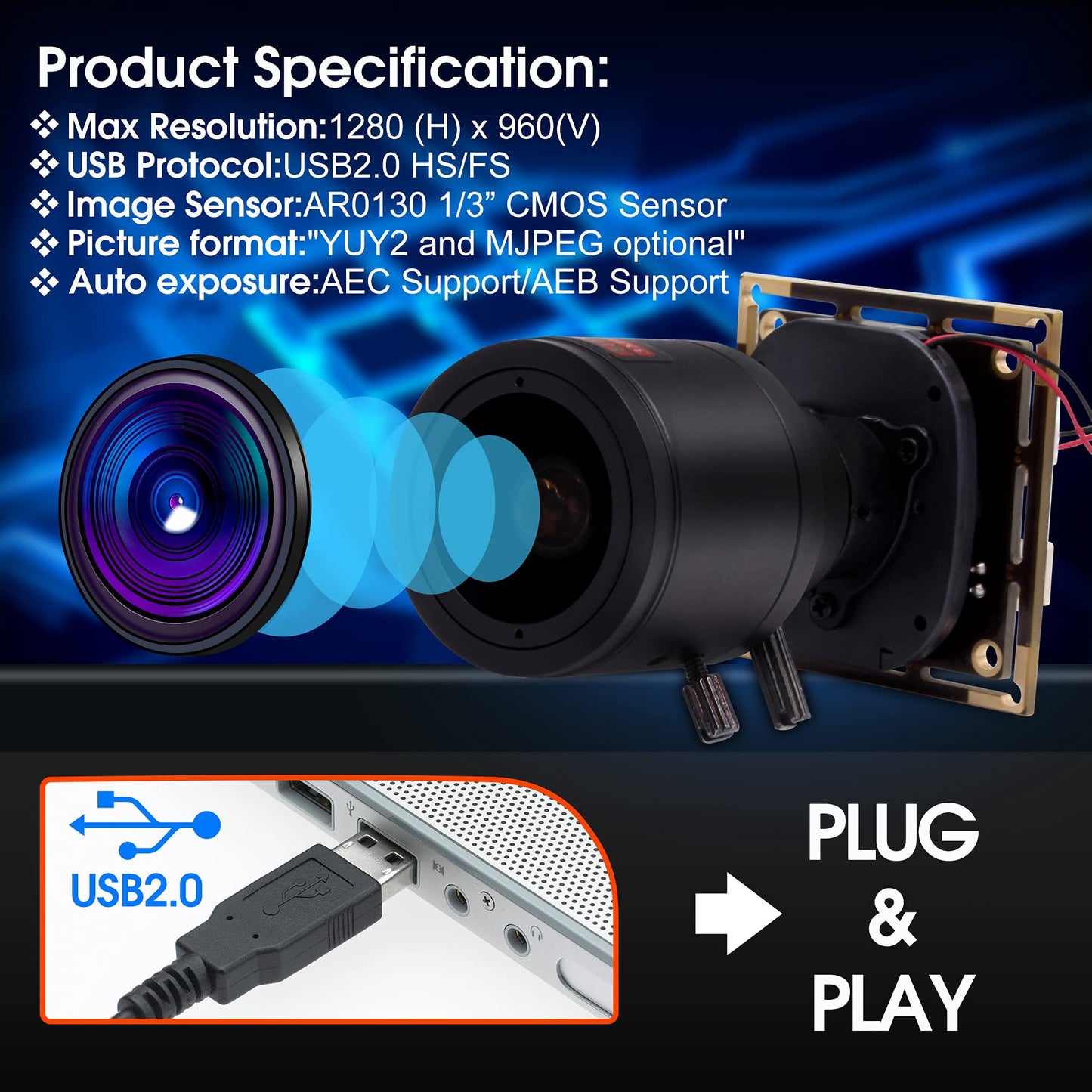 960P Low Light USB Camera Module Manual Zoom 2.8-12mm Lens for Computer Mini UVC USB2.0 Webcam Board 1.3megapixel 0.01Lux Low Illumination USB with Camera AR0130 PC Lightburn Camera for Laptop
