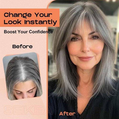 SEIKEA Hair Toppers for Women Real Human Hair, 10" Fluffy Natural Realistic 7x11CM Base Clip in Bangs with Wispy Bangs Hand-Tied Invisible Hairpieces for Thinning Hair Silver White