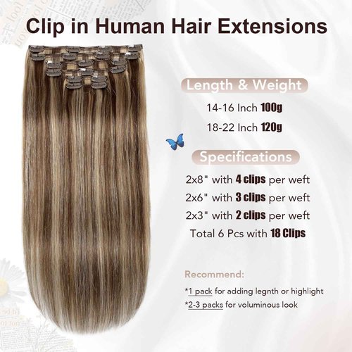 XDhair Clip In Hair Extensions Remy Human Hair Medium Brown #4 Mixed to Caramel Blonde #27 Clip In Real Hair Silk Stright 120g 6Pcs (#4P27,18Inch)