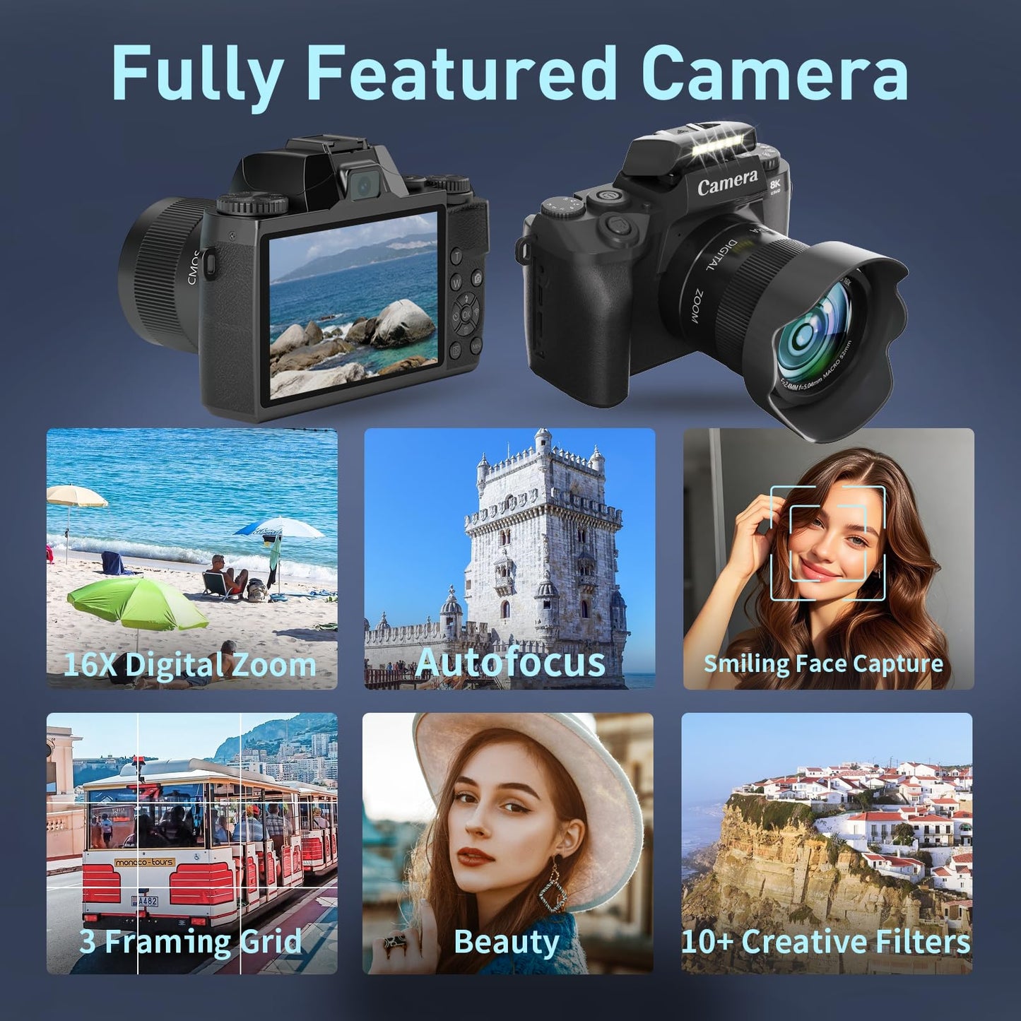 8K Digital Camera for Photography, WiFi & Dual-Lens Vlogging Camera for YouTube with 4" Touch Screen, 64MP Vlog Cameras 16X Digital Zoom with 3000mAh Battery, 32GB TF Card & Lens Hood(Black)