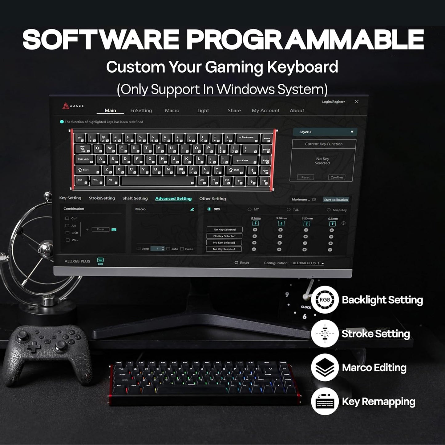 AJAZZ ALUX68 HE Aluminum Rapid Trigger Gaming Keyboard with Magnetic Switch, Wired Hall Effect Keyboard with 8K Polling Rate, 0.125ms Latency, RGB Backlight (Black Side-Printed, ALUX68)