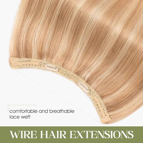 Charites Halo Hair Extensions Real Human Hair Invisible Wire Extensions with Transparent Fish Line Adjustable Size Golden Brown & Bleach Blonde 18 inch