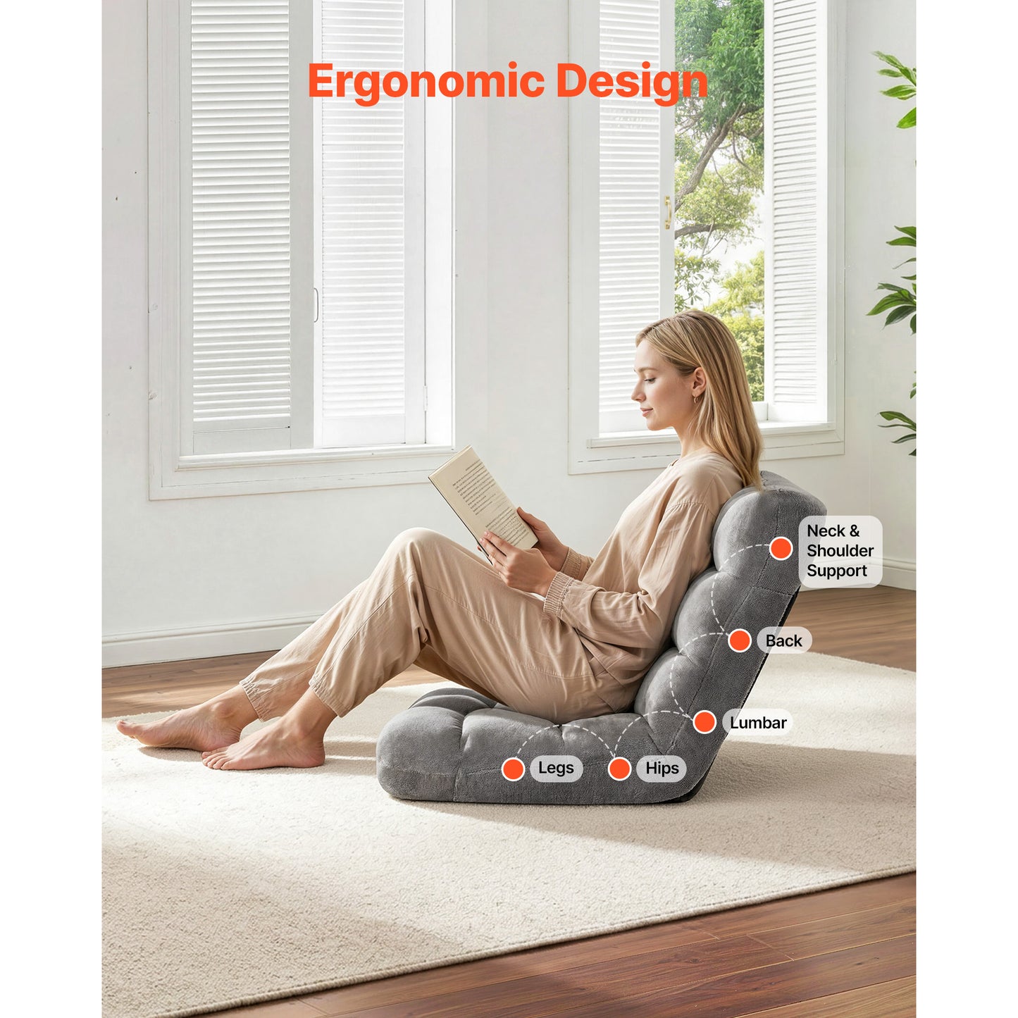 Adjustable Floor Gaming Chair with Back Support and Sturdy Metal Frame - Gray