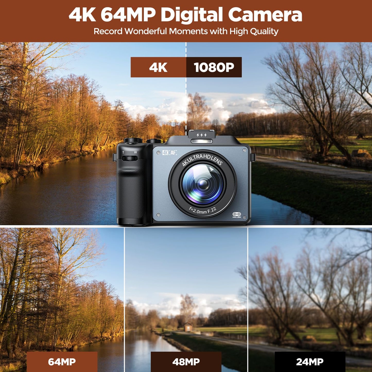 4K Digital Camera for Photography 64MP Auto-Focus Vlogging YouTube Camera with 3'' Dual Cameras 18X Travel Compact Cameras with Flash, 2 Batteries & Charger, 64GB Card for Beginner