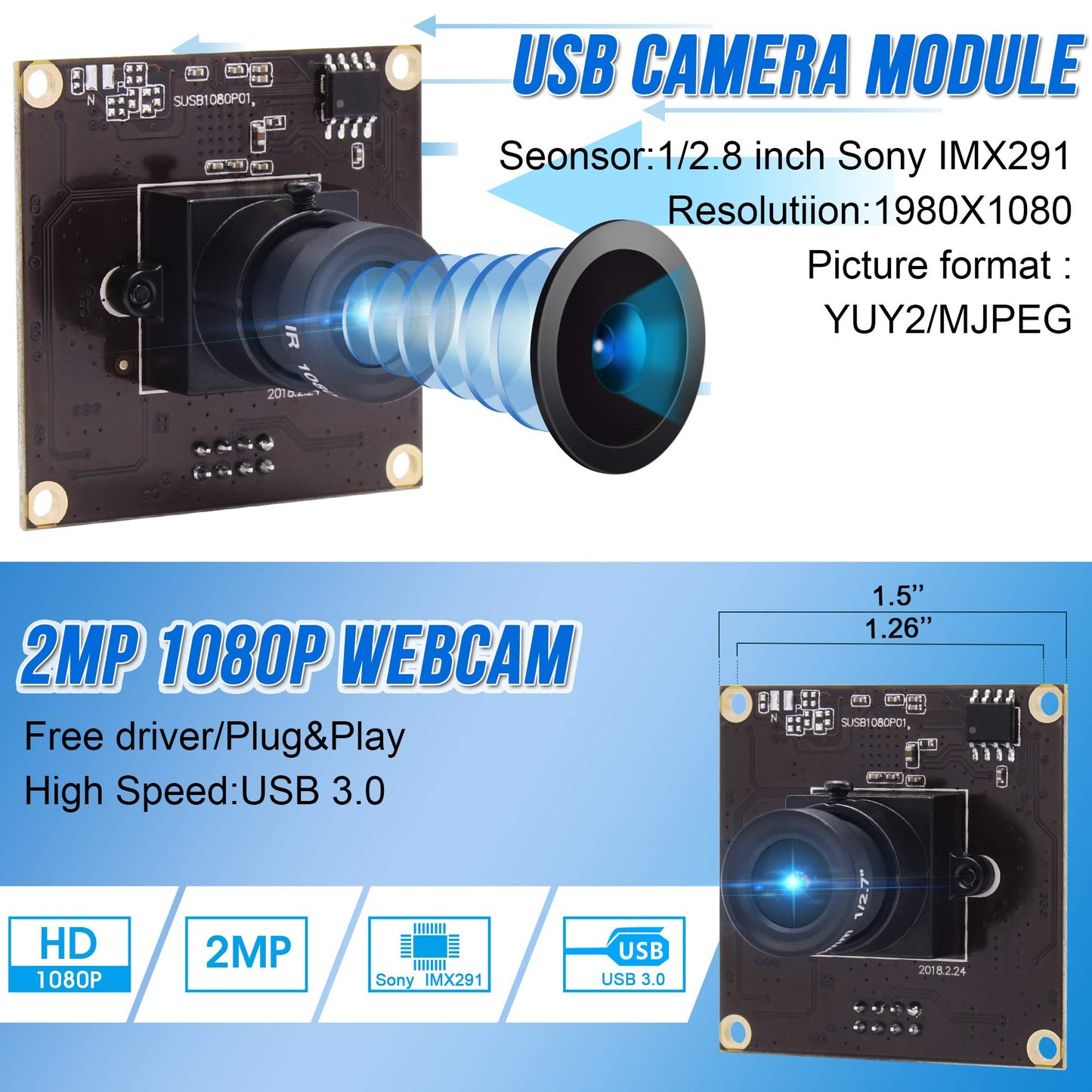 ALPCAM High Speed USB 3.0 USB Camera Module,High Definition 1280 * 1080@50fps USB Camera,2MP Webcam Full HD 1080P USB Camera with IMX291 Sensor,Plug&Play USB Webcam gor Windows,Linux,Raspberry Pi