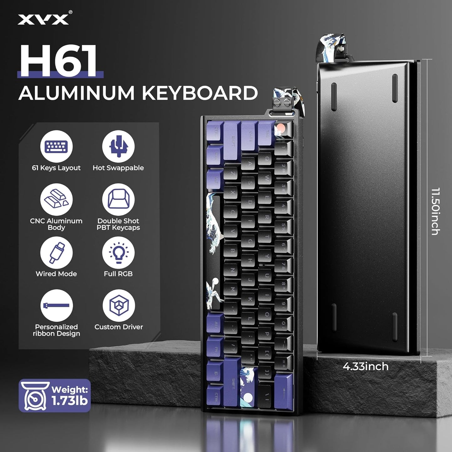 XVX H61 60% Percent Keyboard with Strap and Crystal Jelly Keycaps