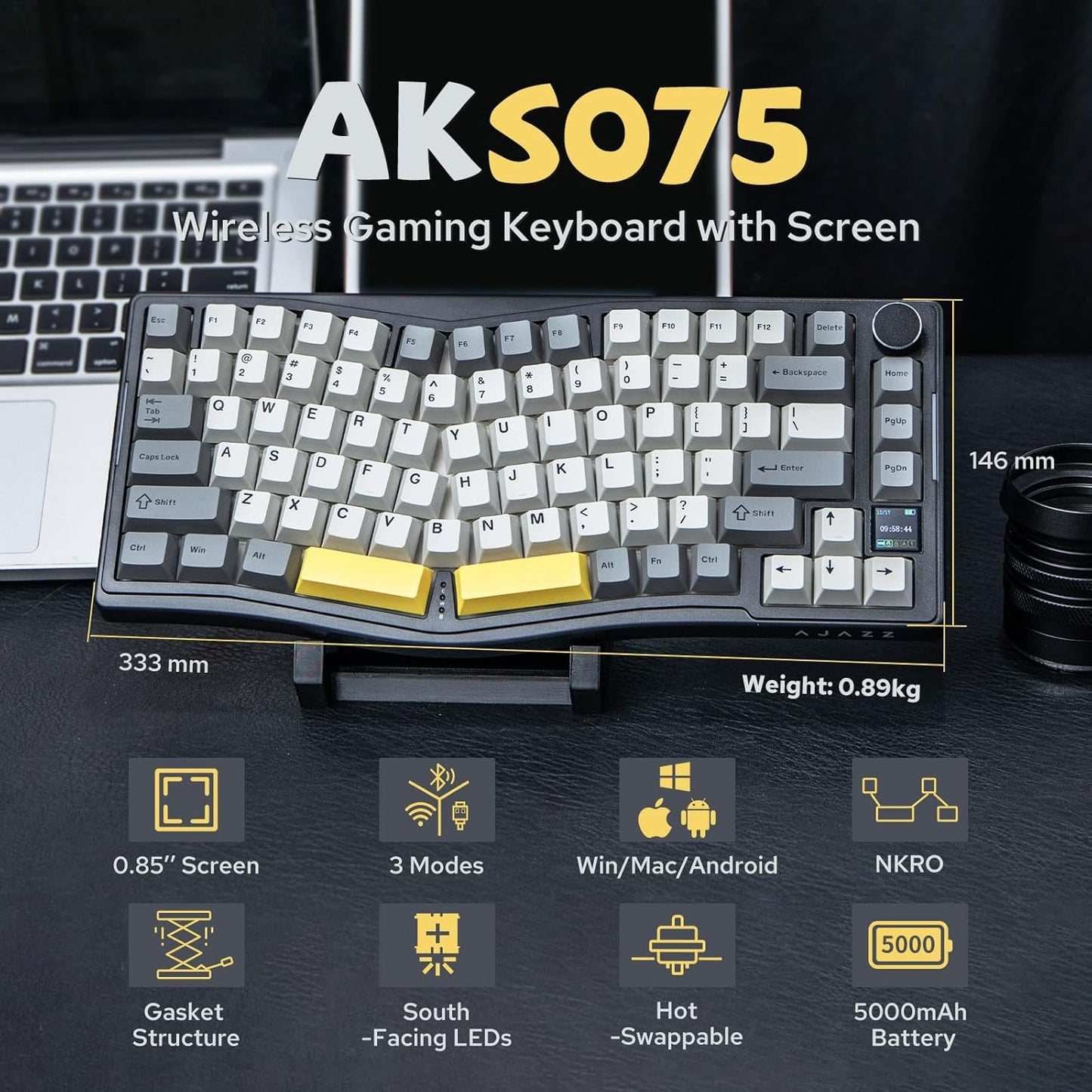 AJAZZ AKS075 Wireless Gaming Keyboard, Hot-Swappable Gasket Mechanical 75% Alice Keyboard with 0.85’ TFT Screen, BT5.1/2.4GHz/USB-C, 5000mAh Battery (White, Gift Switch)
