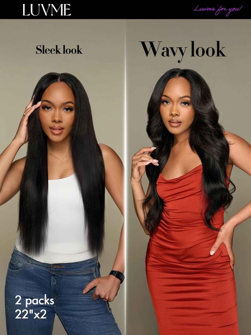LUVME Yaki Straight Seamless 2 Pack 220g 14Pcs Clip in Hair Extensions Full Max with 14inch Remy Human Hair Extensions, Natural Black 100% Real Soft Hair