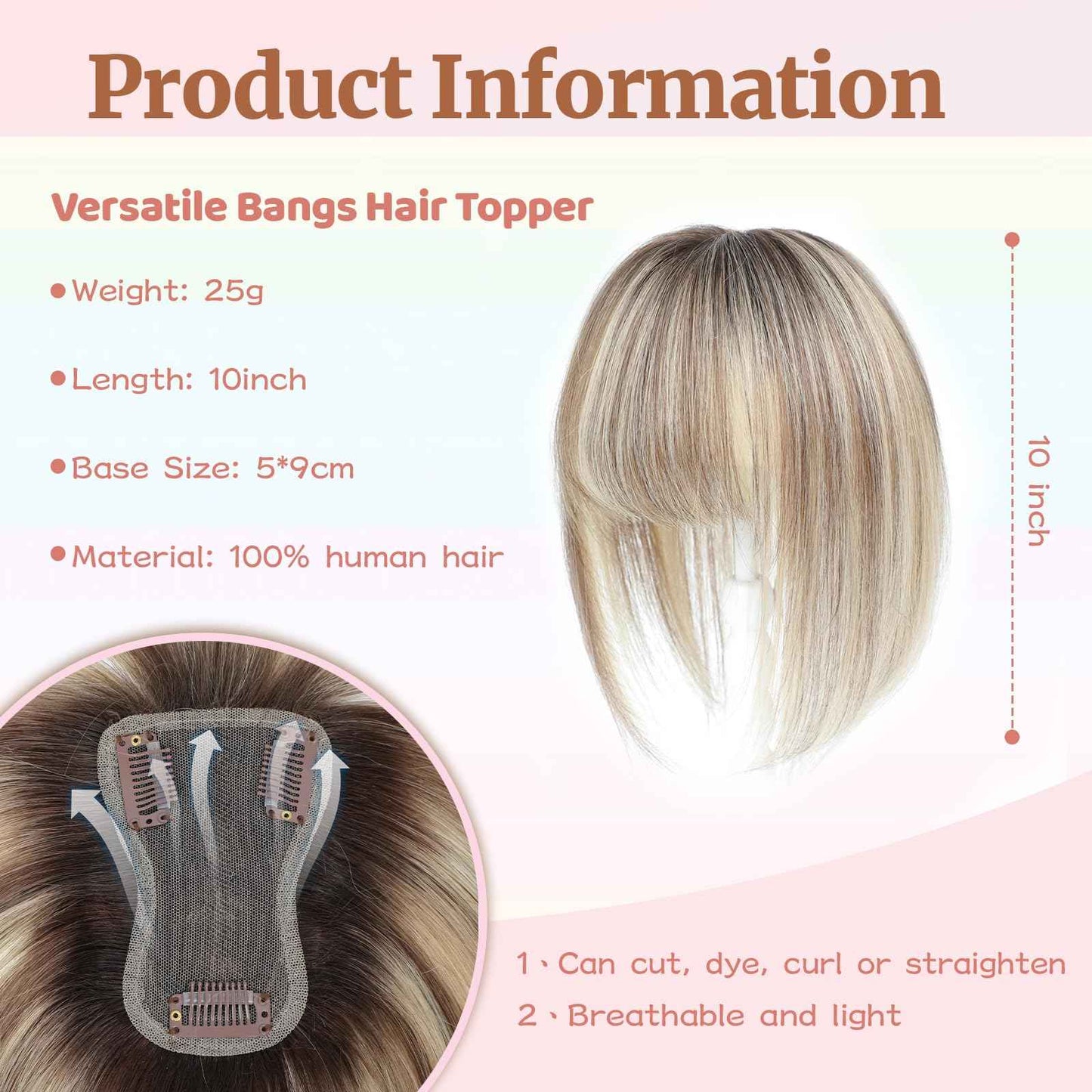 Human Hair Toppers for Women with Fringe 10 Inch Real HairPieces-360°3D Bangs for Thinning Hair Topper Swiss Base Ombre Light Brown with Blond Highlight(2T613)