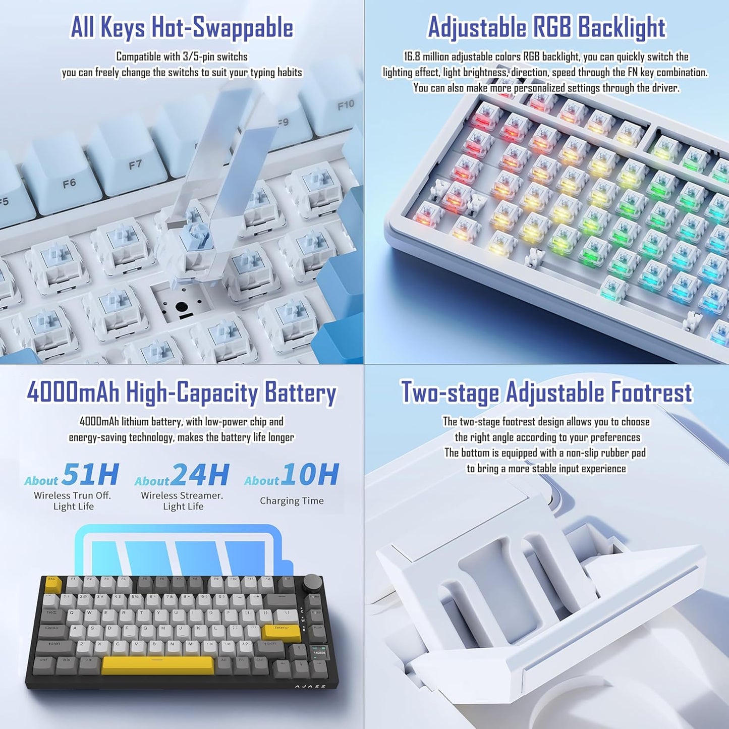 AJAZZ AK820 Pro 75% Gasket RGB Wireless Mechanical Keyboard with TFT Screen, Volume knob, Bluetooth/2.4G/Wired 3-Modes, Compact 82 Hot-Swap Keys, Tricolor PBT Keycap, 4000 mAh (Gray&Yellow 3-Modes)
