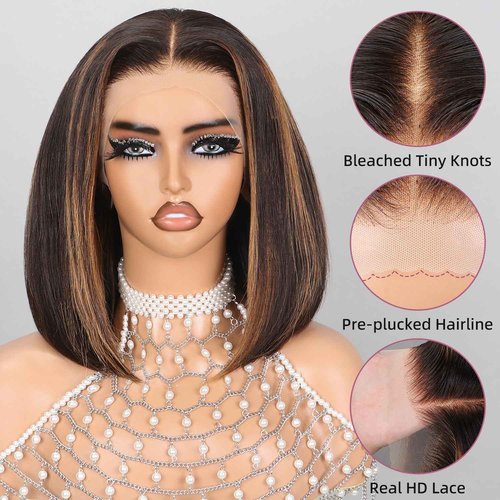 SUPERLOOK FB30 Ombre Bob Wig Human Hair Real 210% Density Ready to Go Glueless Wig 12a Straight Highlight Bob Wigs Human Hair Pre Cut Lace Pre Bleached Tiny Knots (12inch, 13x4 FB30 Bob)