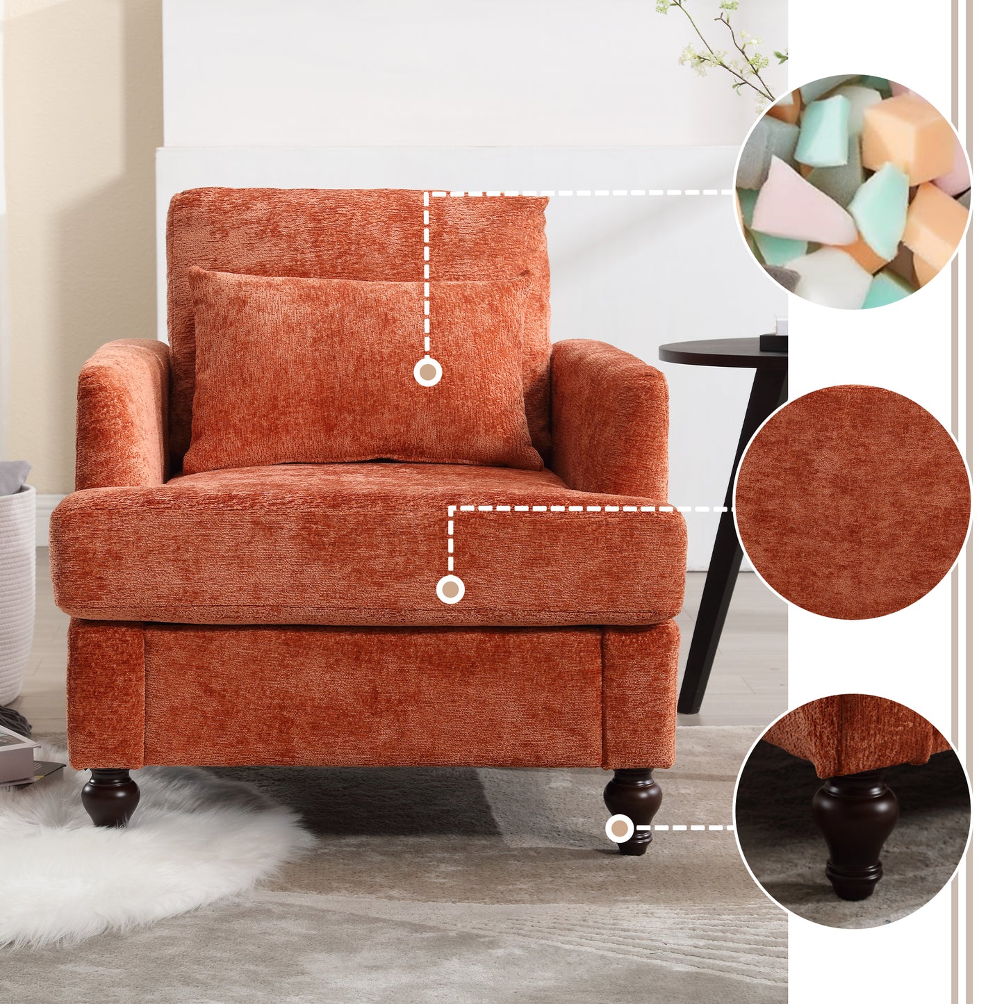 Mid Century Modern Armchair - Tufted Chenille Accent Chair - Dark Orange