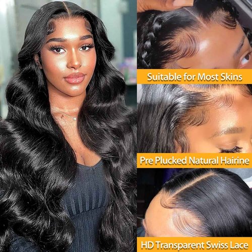 28 Inch Body Wave Lace Front Wigs Human Hair 13x4 HD Transparent Lace Frontal Wigs Human Hair for Women Brazilian Virgin 180 Density Glueless Wigs Human Hair Pre Plucked with Baby Hair Natural Black
