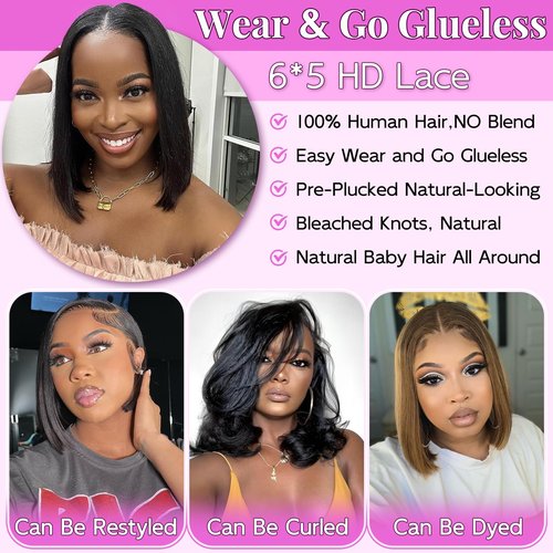 Star Show Bob Wig Glueless Wigs Human Hair Pre Plucked Pre-Cut 5×6 HD Lace Front Wigs Human Hair Bob Human Hair Wig Wigs Glueless Bleached Knots Wear And Go 12 Inch