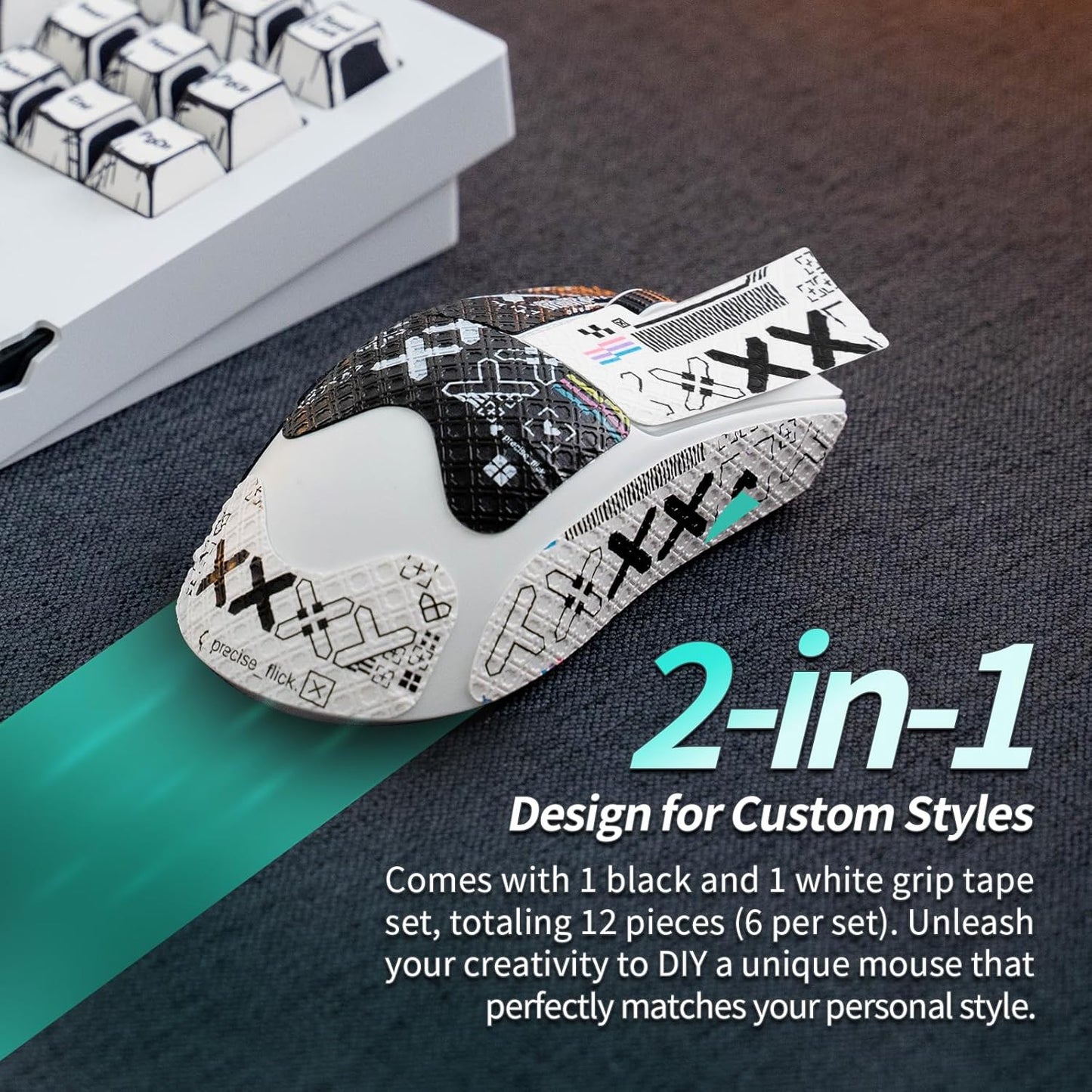 2-in-1 Mouse Grip Tape Set for Viper V3 Pro, Pre-Cut Gaming Mouse Grips, Black and White Pattern, Self-Adhesive