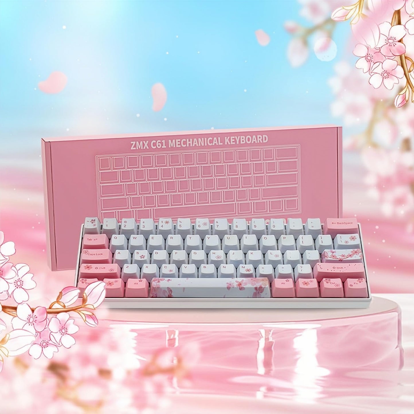 ZMX Cherry Blossom Pink Mechanical Keyboard,60% Compact Hot Swappable USB-C Wired RGB Gaming Keyboard 61 Keys Mini Cute Keyboard with Dye-Sublimation PBT Keycap for PC/Mac (Red Switch)