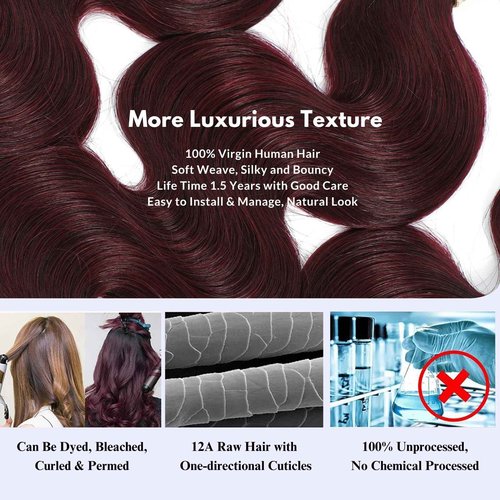 Dark Burgundy 3 Bundles Human Hair Body Wave 12 14 16 Inch, 99J 12A Sew In Wavy Weave Bundles Red Colored 100% Brazilian Virgin Remy Human Hair Soft Shiny #99j Wine Color