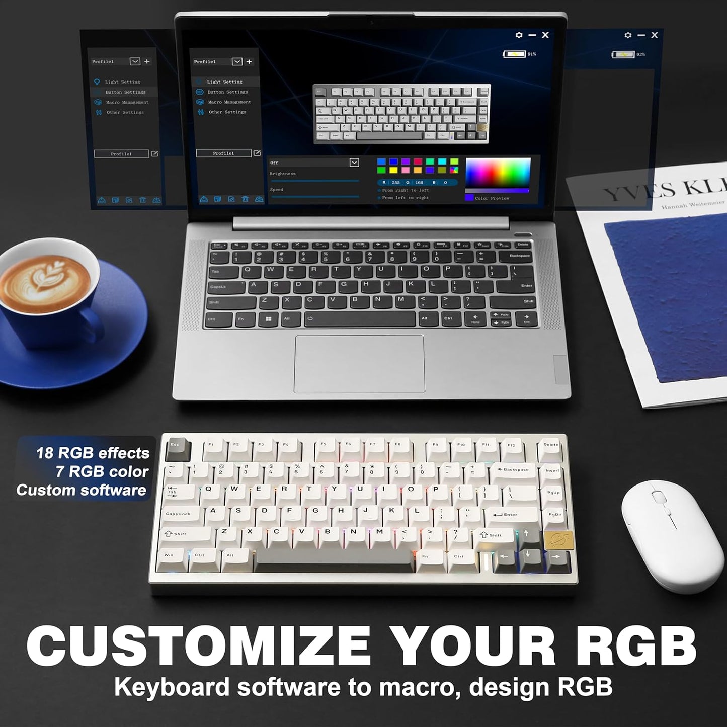 YUNZII AL75 75% Gaming Keyboard(Blue Grey Switch,Silver) Coffee Cat Dye Sub PBT Keycaps(Cherry Profile, Coffee Cat)