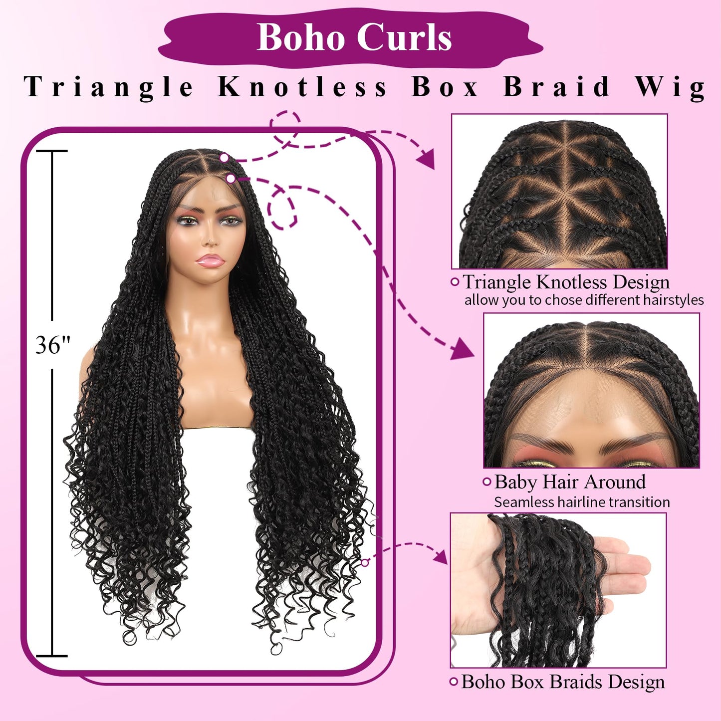 KERNORV 360° HD Full Lace Triangle Knotless Braided Wigs for Women Boho Braided Wigs with Curly Ends Full Lace Box Braid Wig with Baby Hair Premium Synthetic Braided Lace Front Wig 36" Black