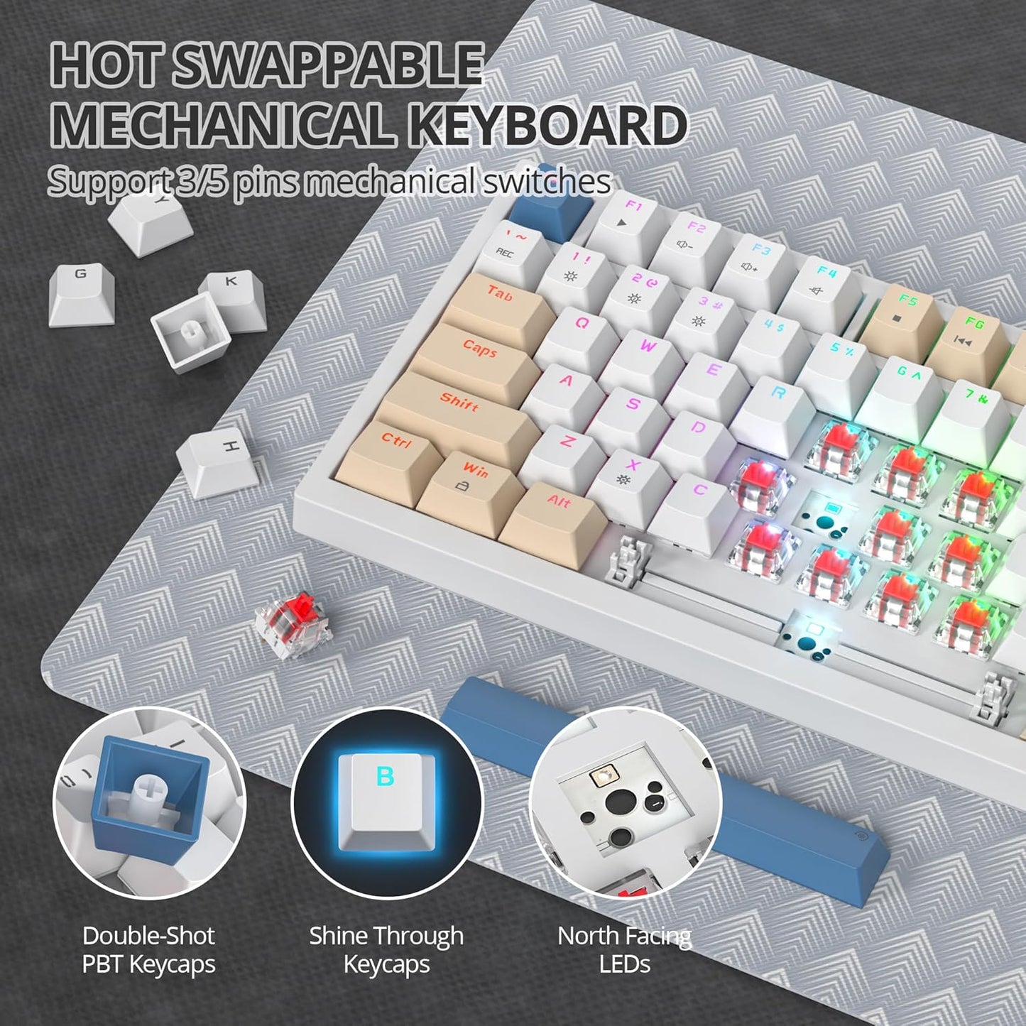 75% Mechanical Gaming Keyboard, Hot Swappable RGB Backlit Custom With Knob, Gasket Mount USB Wired, 82 Keys Blue White Linear Red Switch (82 Blue White)
