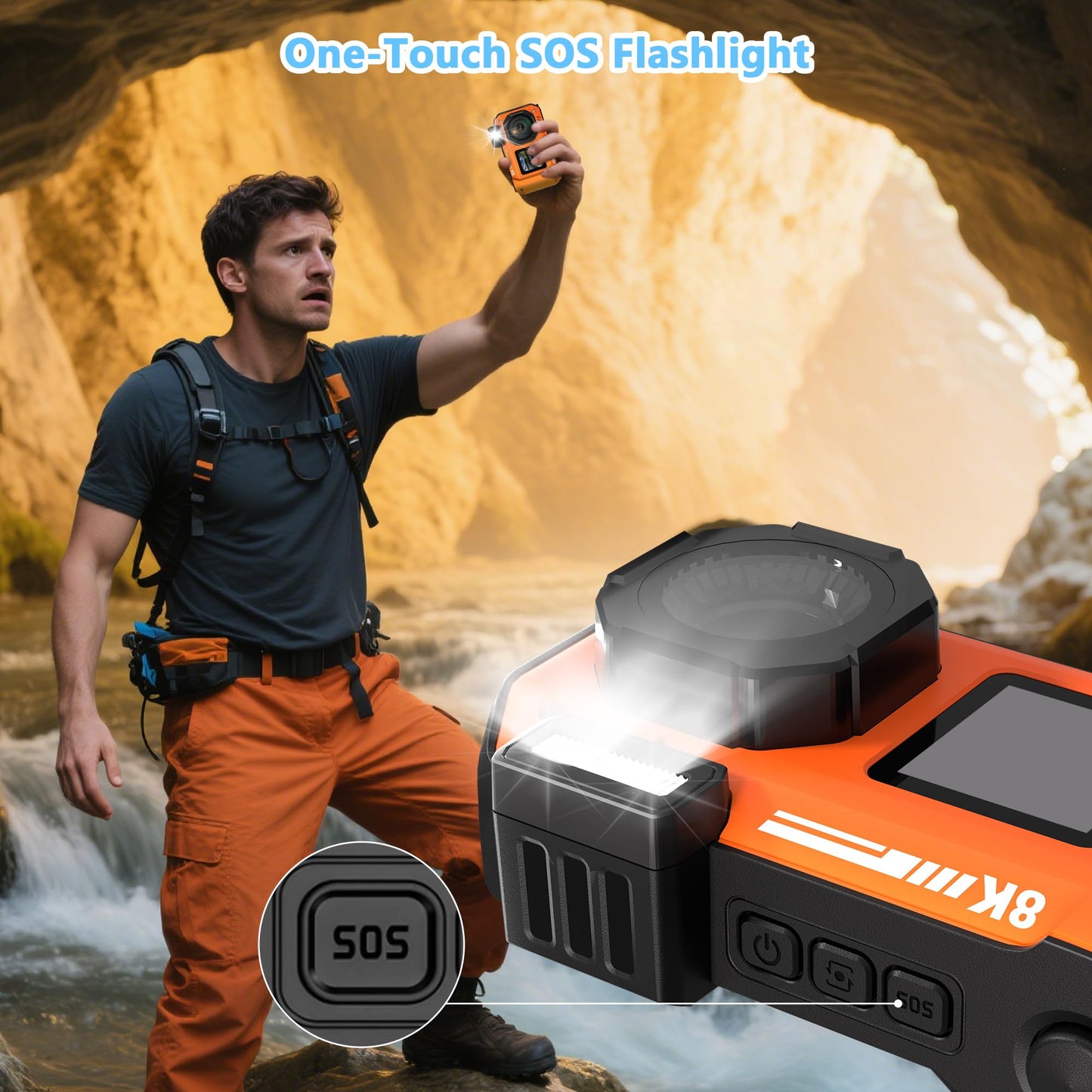 8K Waterproof Digital Camera Snorkeling: 70MP 33FT Compact Rugged Underwater Camera - HD Dual-Screen with 18X Zoom Selfie 64GB Card & 2500 mAh Battery for Outdoor Scuba Diving Fishing Swimming Orange