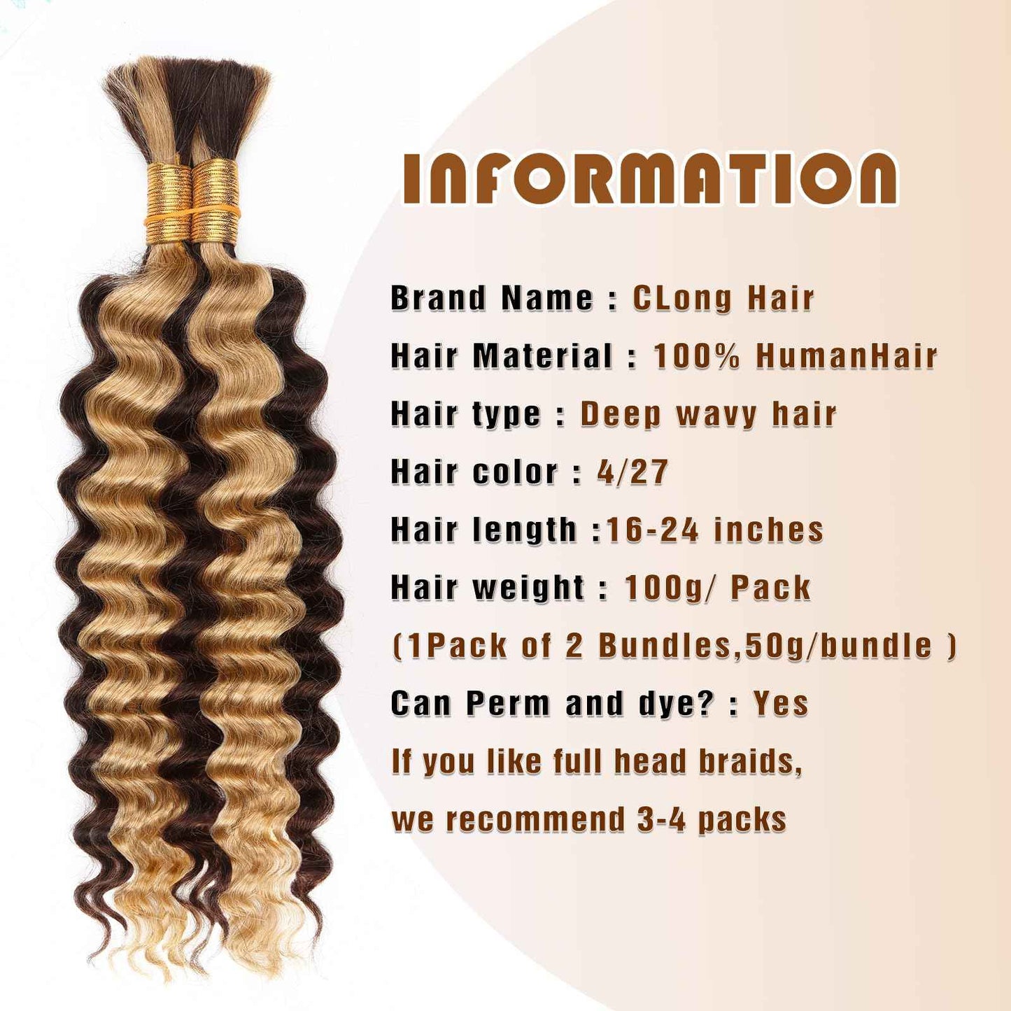 4/27 Honey Blonde Human Braiding Hair Deep Wave Bulk Human Hair,Highlight No Weft Curly Braiding Hair Extensions for Boho Braids Wet and Wavy Braiding Human Hair Bundles(24inch,4/27,100g)