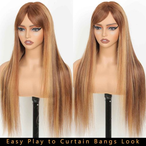 Ruiyu Ombre Highlight Human Hair Wigs with Bangs 2x4 HD Lace Front Brown Glueless Wig with Highlights Honey Blonde 4/27 Colored Straight Closure Wear and Go Brazilian Human Hair for Women 16 Inch