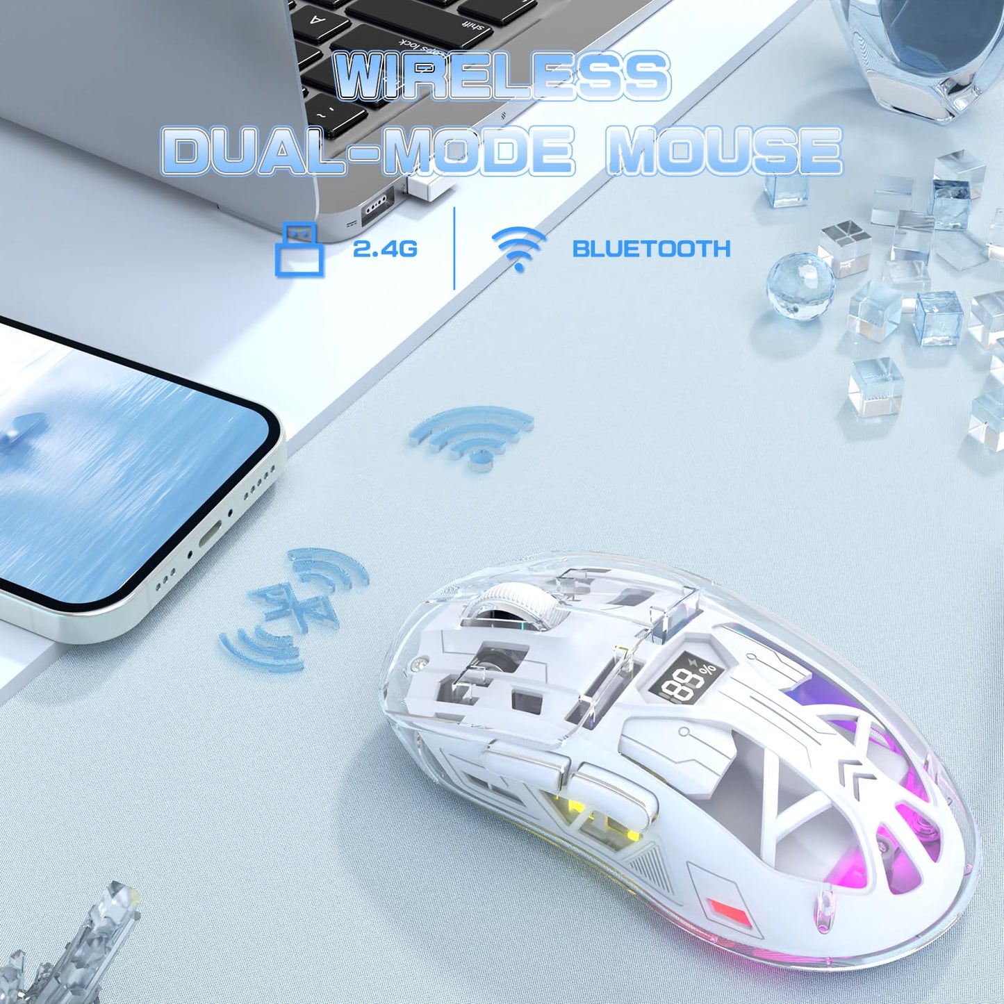 ZIYOU LANG A2 Transparent Wireless Gaming Mouse with Battery Level Display,Bluetooth/2.4G Wireless PC Mice,3D RGB Backlit,5 Million Clicks,PixArt 3212,up to 4000 DPI for Win/MAC (White)