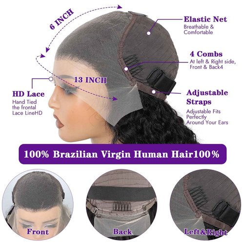 Gulenme 13x6 Deep Wave Lace Front Wigs Human Hair 200 Density Pre Plucked HD Transparent 100% Lace Frontal Wigs Deep Curly Wet and Wavy lace front human hair Wigs for Women( 30 inch , Natural Black)