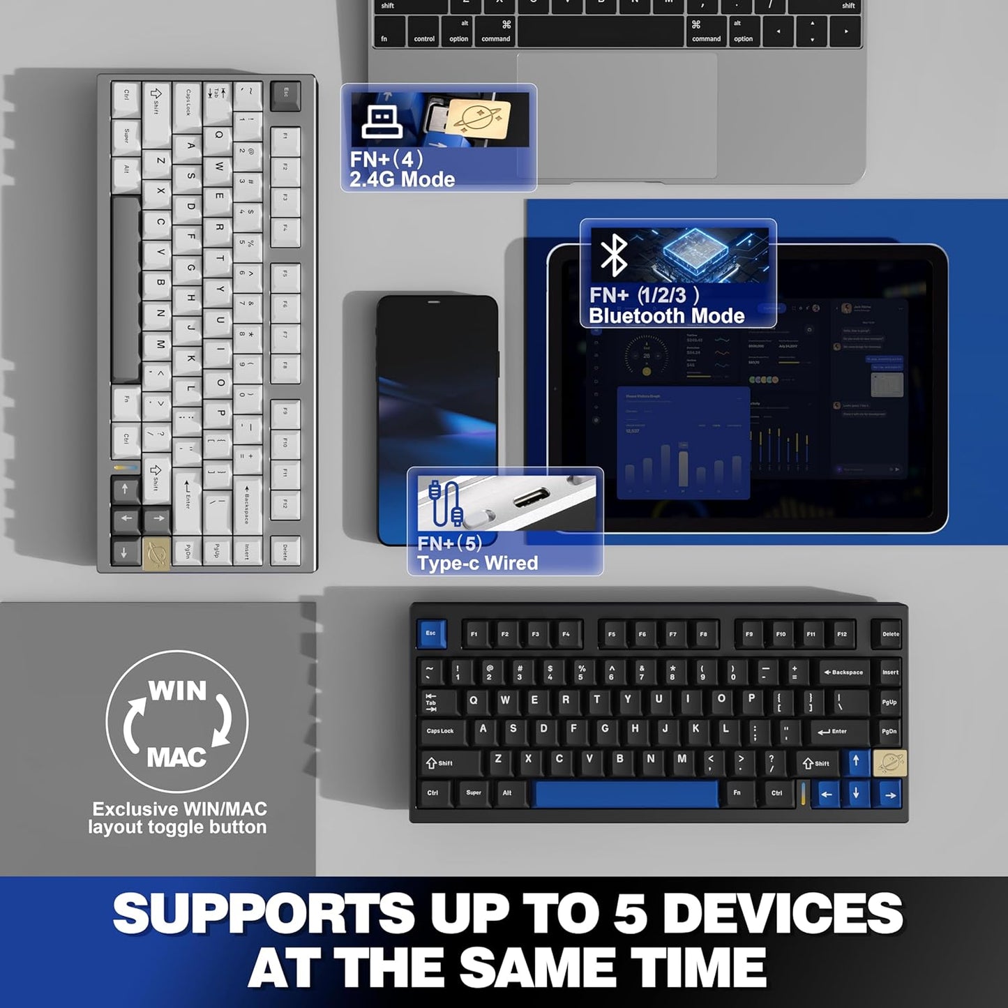 YUNZII AL75 Wireless Mechanical Gaming Keyboard,Full Aluminum CNC,75% Layout,BT/2.4G/Wired,Hot Swap,Creamy Switches,TKL Gasket,RGB Backlight,Programmable for Mac/Win (Silver, Blue Grey Switch)