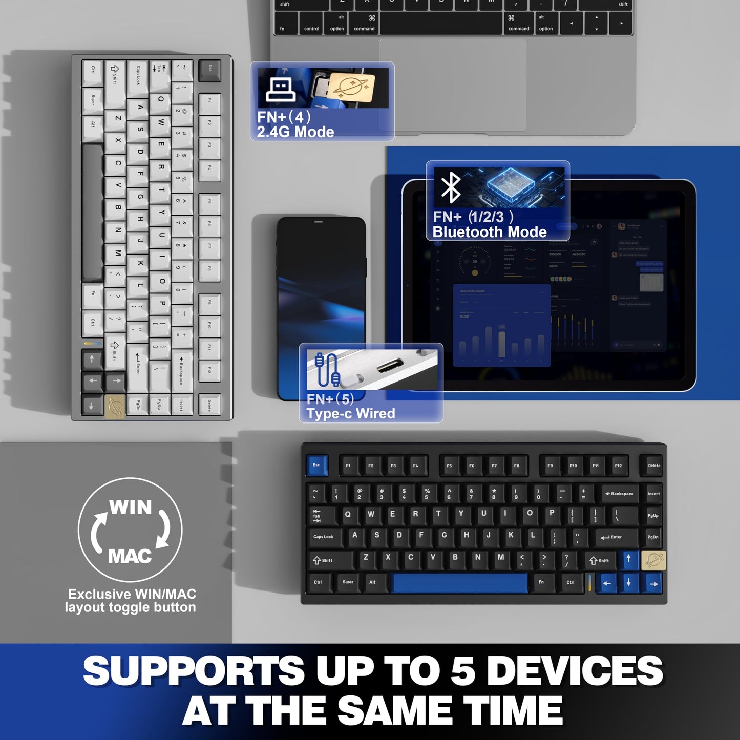 YUNZII AL75 Wireless Mechanical Gaming Keyboard,Full Aluminum CNC,75% Layout,BT/2.4G/Wired,Hot Swap,Creamy Switches,TKL Gasket,RGB Backlight,Programmable for Mac/Win (Silver, Blue Grey Switch)