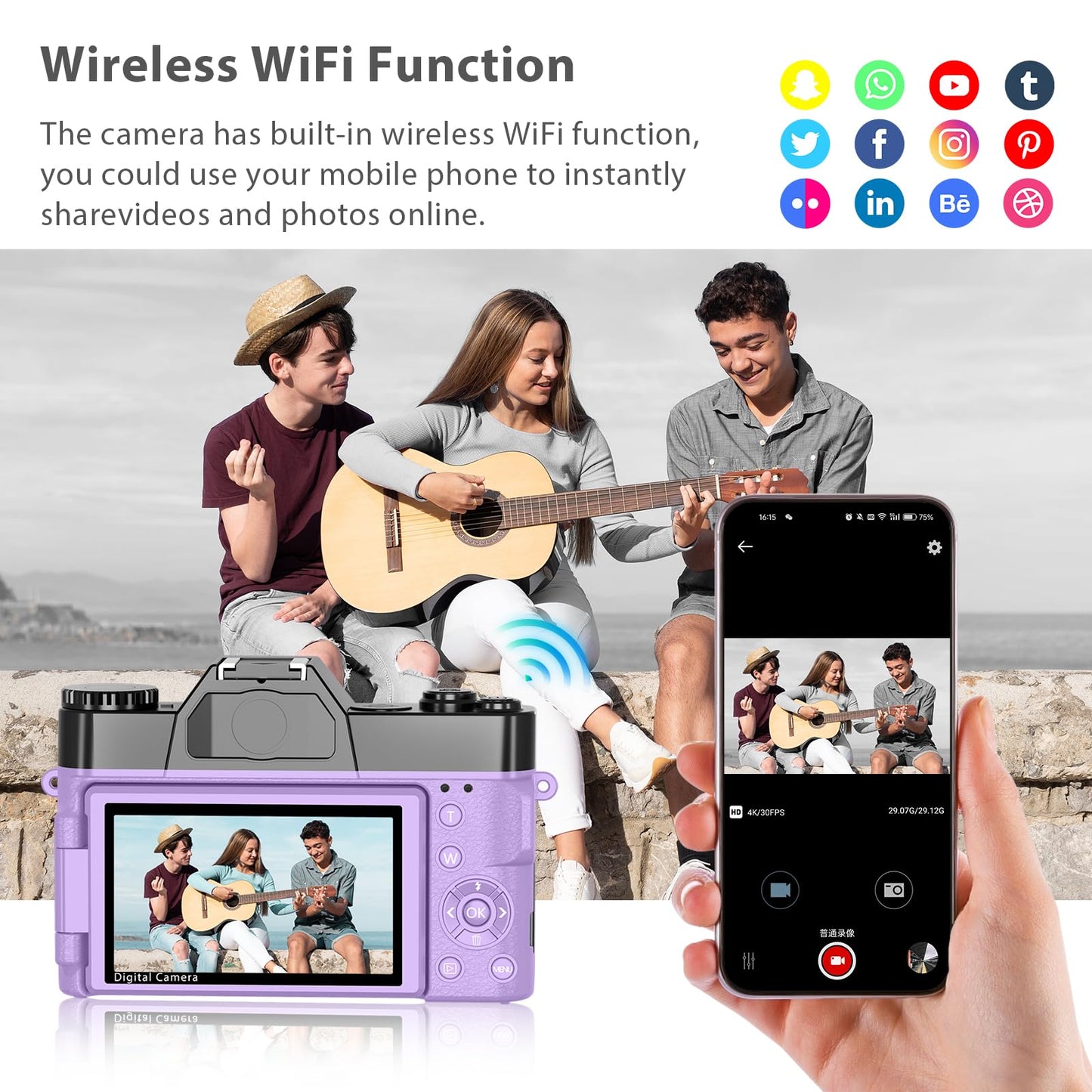 4K Digital Camera for Photography & Vlogging, 56MP YouTube Camera with WiFi, 3" 180° Flip Screen, 16X Digital Zoom, 52mm Wide Angle & Macro Lens, 32GB TF Card, 2 Batteries – Purple