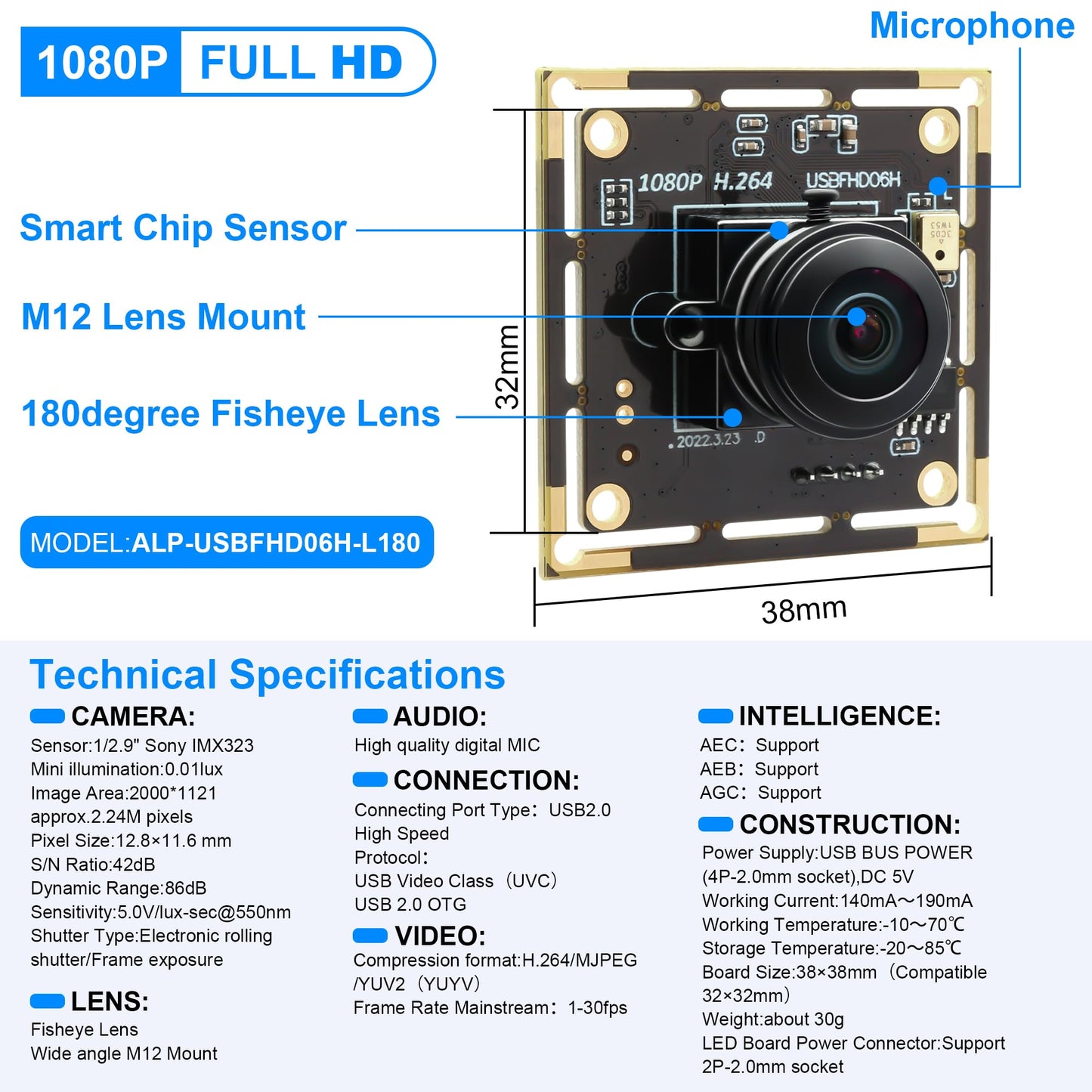 ALPCAM USB Camera Module Wide Angle 180 Degree Fisheye USB Webcam Low Illumination 1080P Webcam for Raspberry Pi,USB2.0 Lightburn Camera,Plug and Play for Windows/Linux/Mac