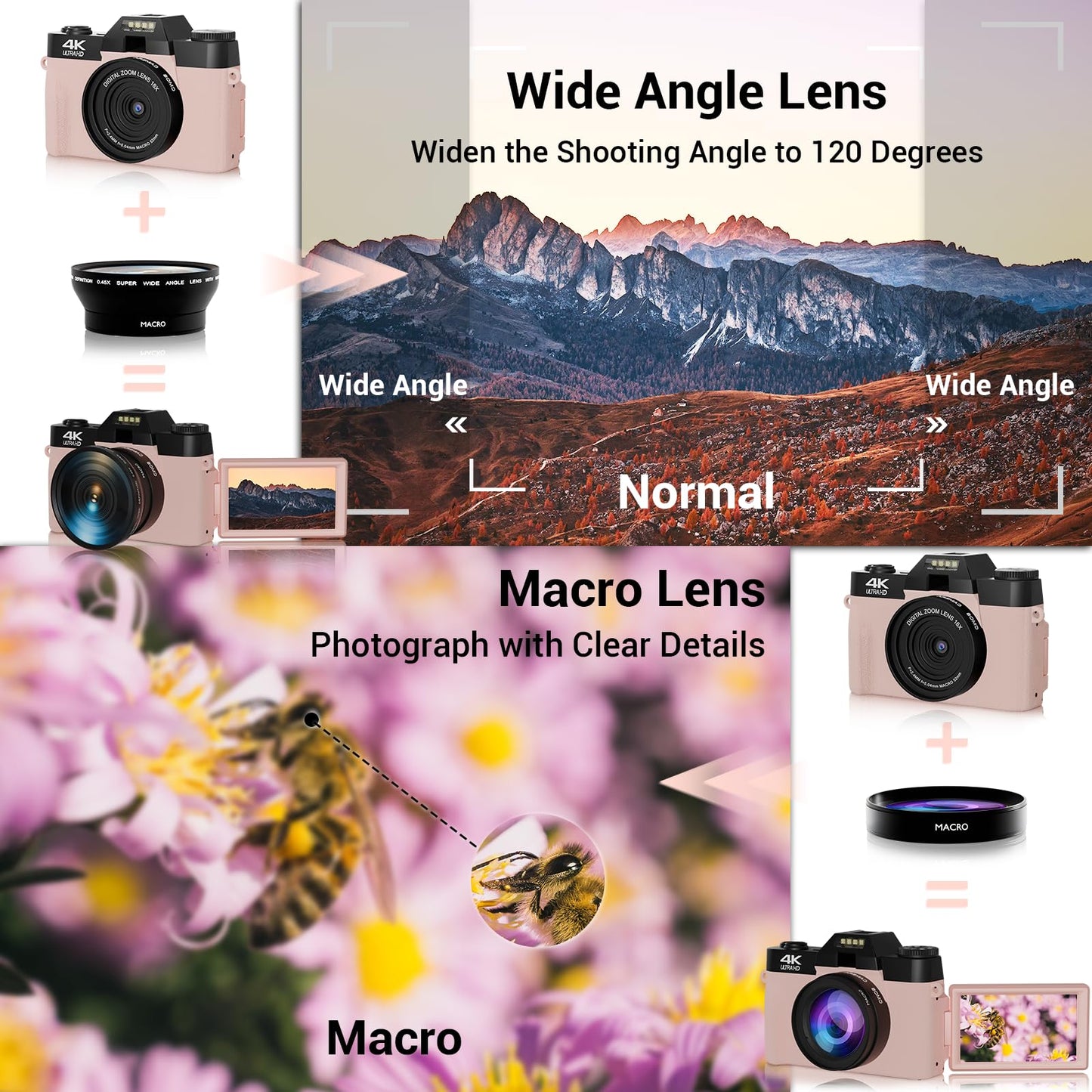 4K Digital Camera for Photography, 75MP WiFi Vlogging Video Camera for Youtube with 3'' 180°Flip Screen, 64GB SD Card, 16x Digital Zoom, 2 Batteries, Point and Shoot Digital Camera for Beginner (Pink)