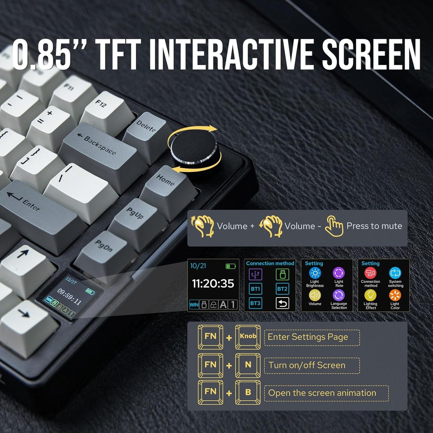 AJAZZ AKS075 Wireless Gaming Keyboard, Hot-Swappable Gasket Mechanical 75% Alice Keyboard with 0.85’ TFT Screen, BT5.1/2.4GHz/USB-C, 5000mAh Battery (Black, Gift Switch)