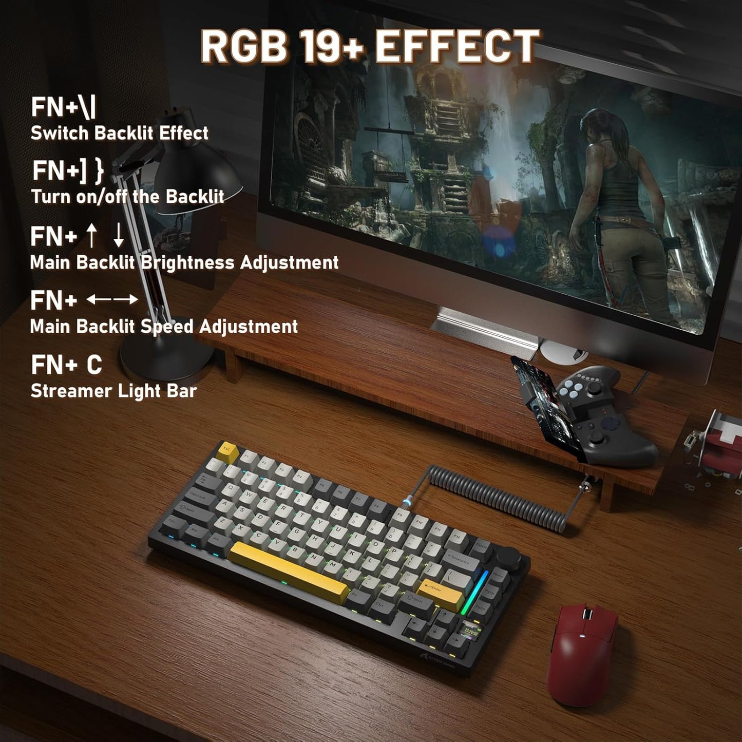 Attack Shark ajazz AK820 Pro 75% Mechanical Keyboard and Coiled Cable Hot Swappable Wireless 2.4GHz/Bluetooth/Wired TFT Screen & Knob Flying Fish Switch RGB Gasket Mount Custom Keyboard-Black