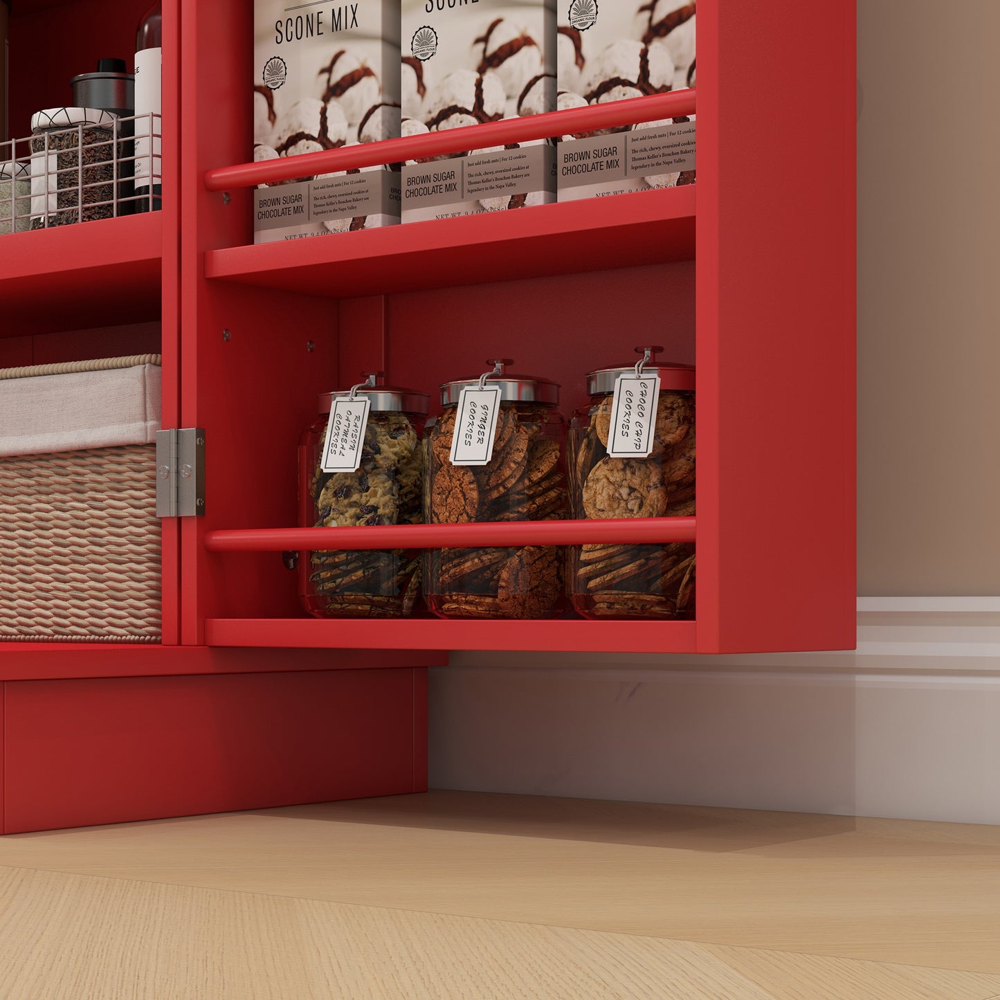 Large Kitchen Storage Cabinet with Double Doors & 5-Tier Shelving - Red