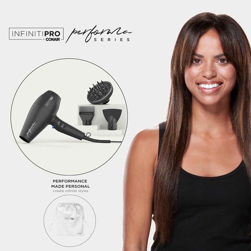 Conair Infiniti Pro Hair Dryer with Diffuser Plus 2 Other Attachments and Drawstring Storage Bag | Performa Series Hair Dryer | Blow Dryer with Professional Performance Motor | Black