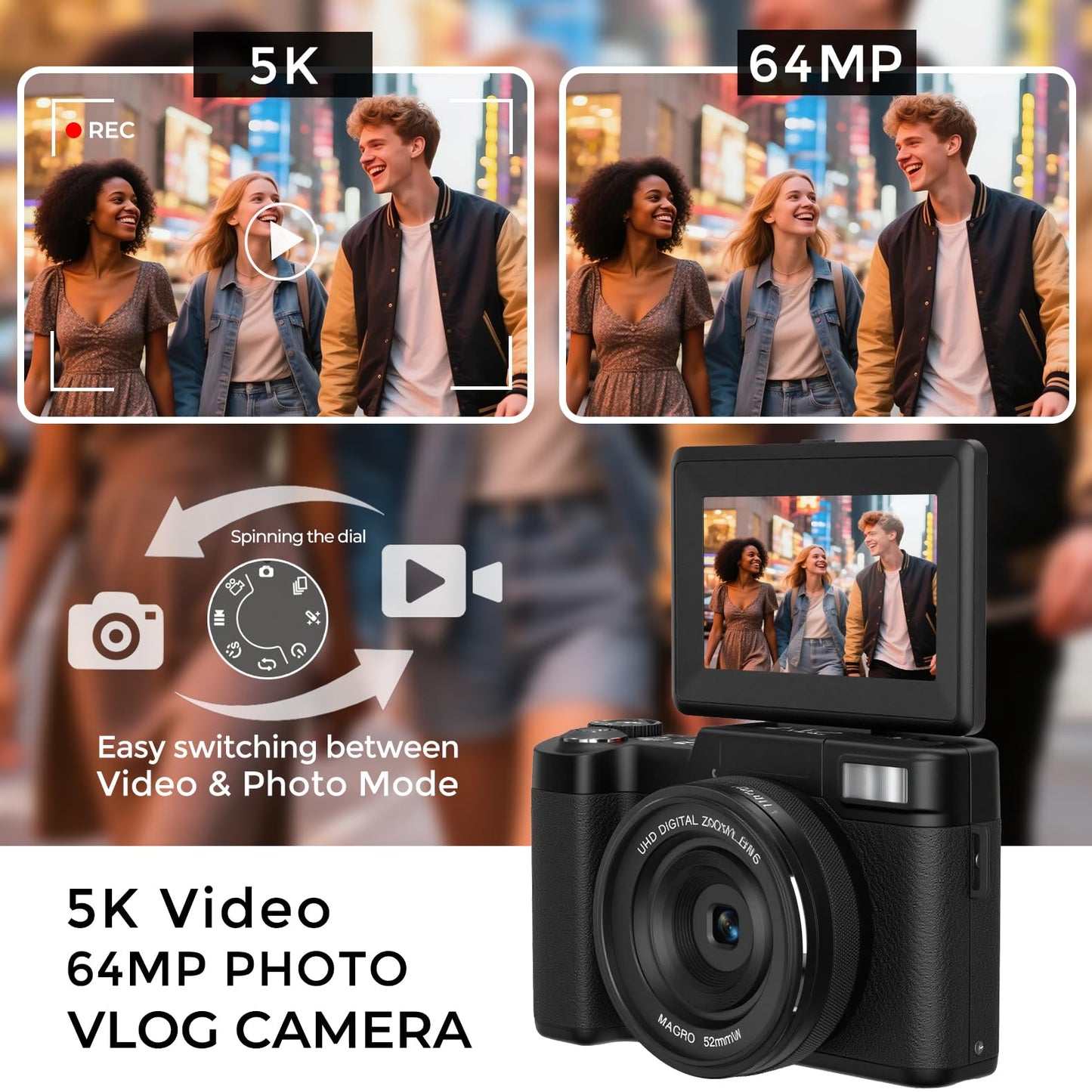 5K Vlogging Camera with WiFi 64MP 4K Digital Camera for Photography Vlog Camera with Flip Screen Video Camera for YouTube with Selfie Light, Desk Tripod, Batteries