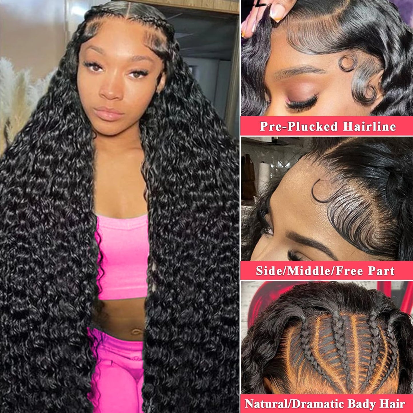 24 Inch 13x6 Deep Wave Lace Front Wigs Human Hair for Women HD Transparent Deep Curly Lace Frontal Wigs Human Hair Pre Plucked Natural color