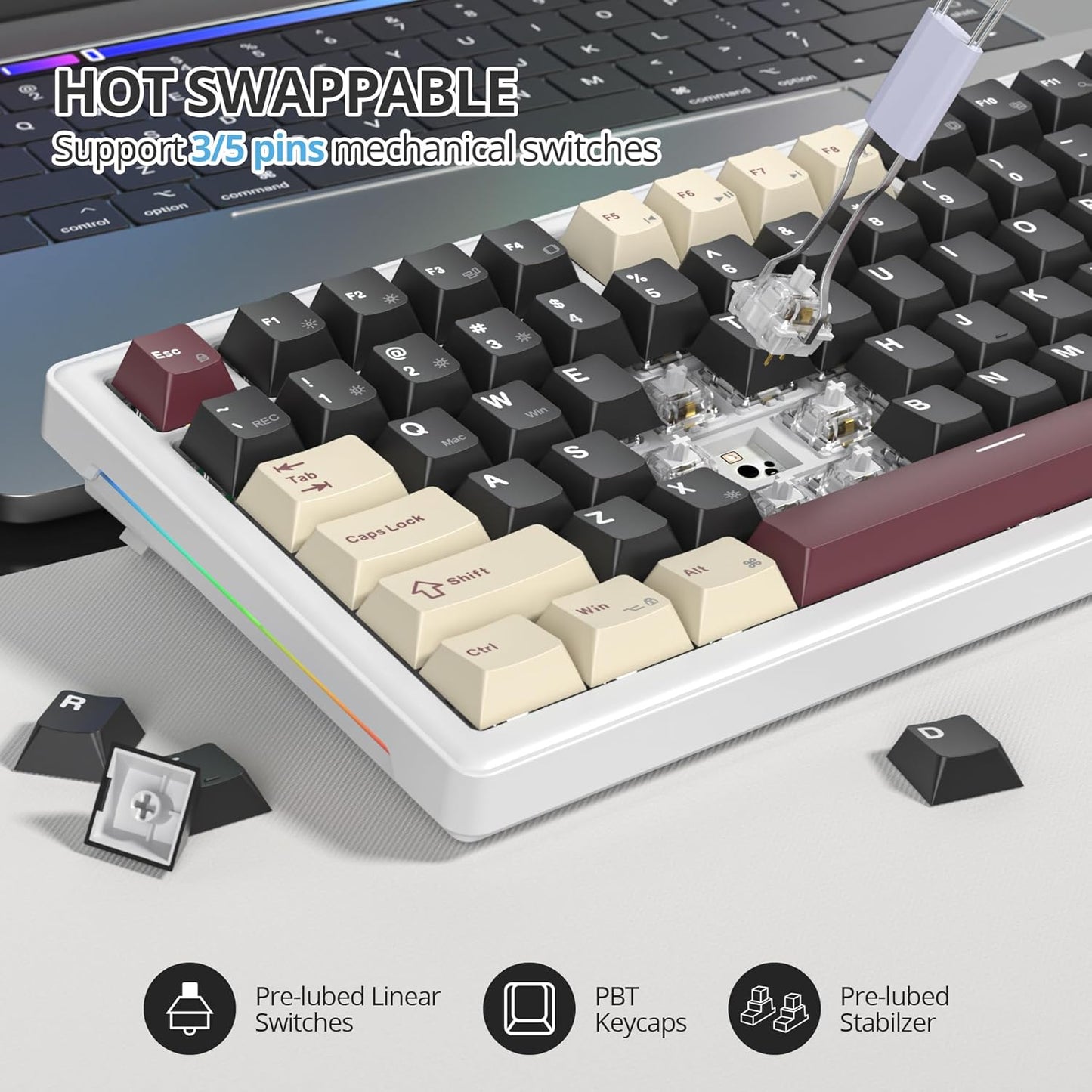 75% Mechanical Keyboard Gasket with Knob, Custom Wired Creamy Gaming Keyboard TKL 75 Percent Hot Swappable RGB Backlit, Pre-lubed Switch for Win/MAC PC Laptop(Salmon/White)