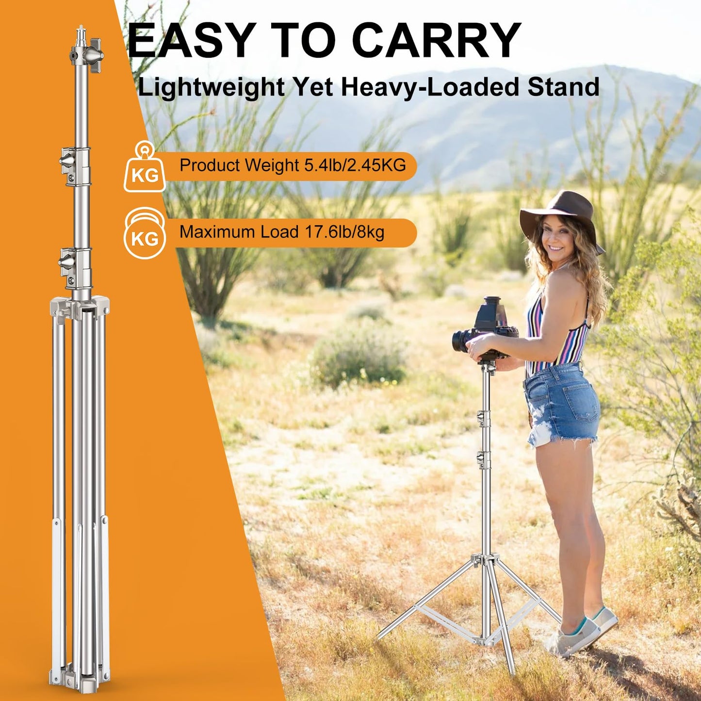 9.2 FT Stainless Steel Photography Stand, Heavy Duty Tripod With 1/4" to 3/8" Screw Adapter for Strobe, LED Video Light, Ring Light, Monolight, Softbox