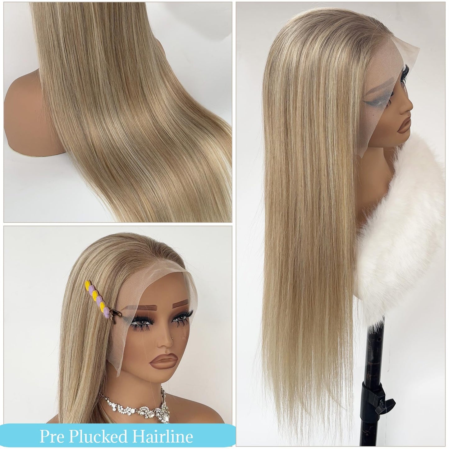 13x6 Ash Blonde Highlight Lace Front Wig Human Hair 20 Inch Straight Ash Brown to Blonde Balayage Wig Human Hair 180% Density Glueless Ombre Brown to Platinum Highlights HD Lace Wigs for Women