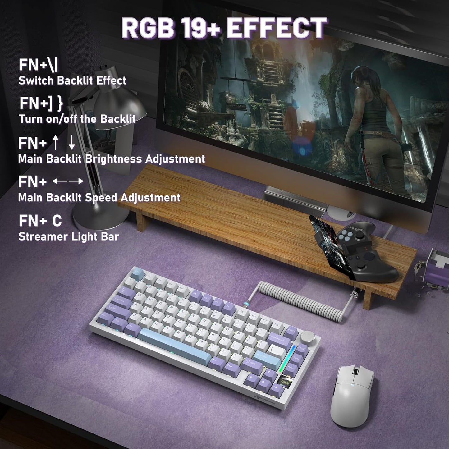 Attack Shark ajazz AK820 Pro 75% Mechanical Keyboard and Coiled Cable Hot Swappable Wireless 2.4GHz/Bluetooth/Wired TFT Screen & Knob Flying Fish Switch RGB Gasket Mount Custom Keyboard-Black