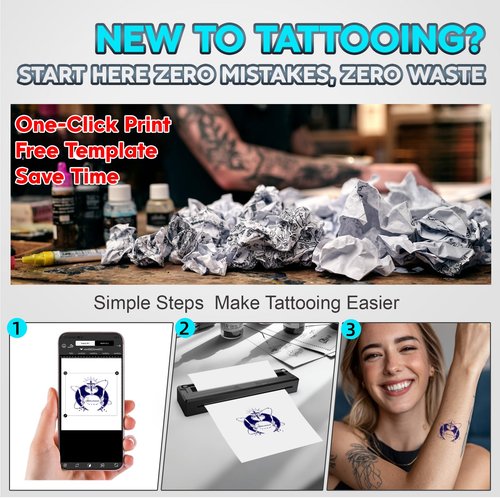 YIRIGUI New Tattoo Stencil Printer - Fits A4-A8 Width Thermal Paper, Portable Wireless Bluetooth Thermal Tattoo Kit, Includes 10 Transfer Papers, for Artists & Beginners, Phones/Tablets/PC - Black