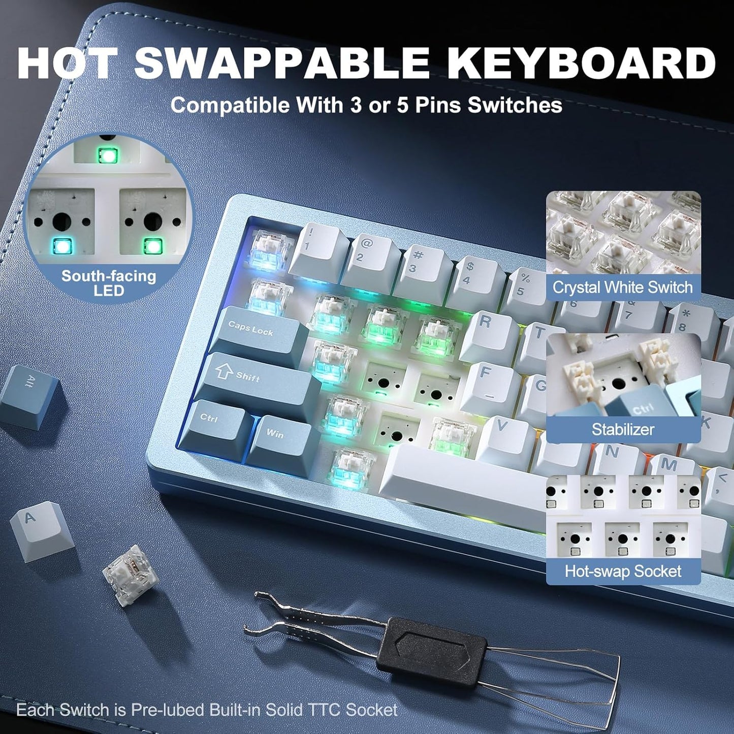 YUNZII AL71 75% Mechanical Keyboard,Full Aluminum CNC,Hot Swappable Gasket,2.4GHz Wireless BT5.0/USB-C Wired,NKRO Programmable RGB Backlight Creamy Typing for Win/Mac(Blue,Crystal White Switch)