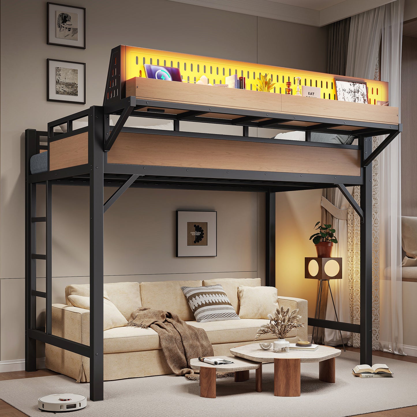 Twin XL Loft Bed Frame with Storage Shelves, USB Ports & LED Lights - Natural