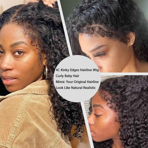 Qmaple 4C Edges Kinky Curly Lace Front Wigs Human Hair 200% Density Deep Wave Curly Wig Pre-Plucked Hairline 13x4 HD Transparent Lace Frontal Wigs With Curly Edges Baby Hair(16 Inch Natural Black)